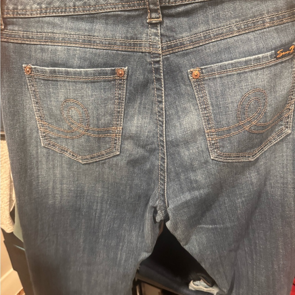 Seven7 Blue Straight Leg Jeans with Vintage-Inspired Wash